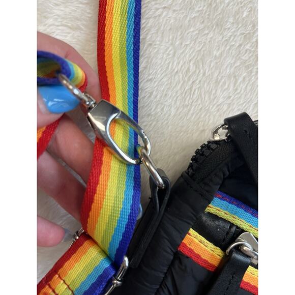 Sondra Roberts Squared Nylon Quilted Black Crossbody Purse Rainbow Strap - Picture 3 of 11